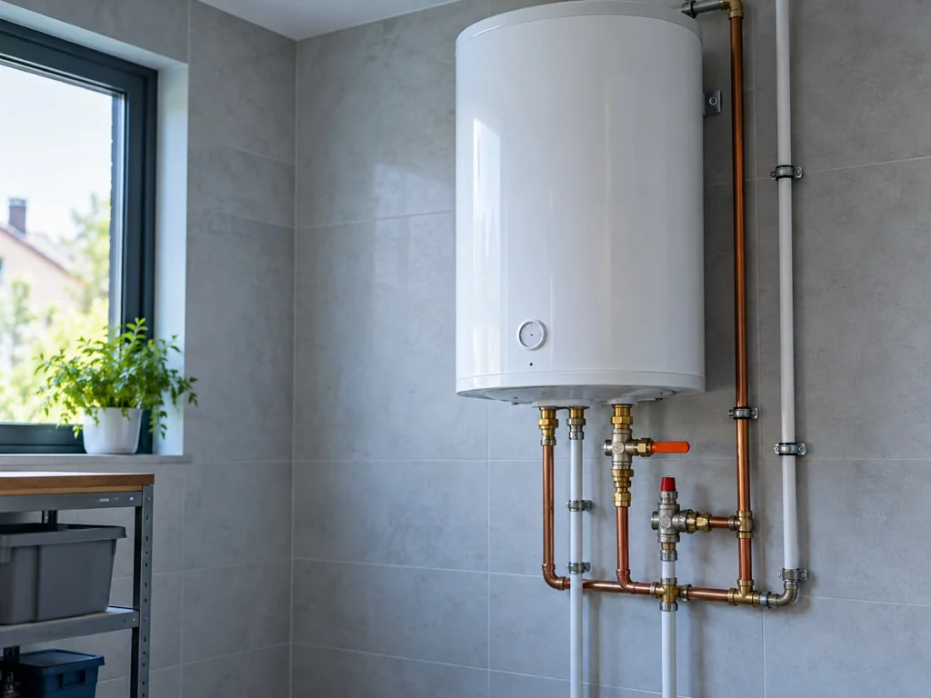Bílý elektrický bojler na zdi s připojeným potrubím